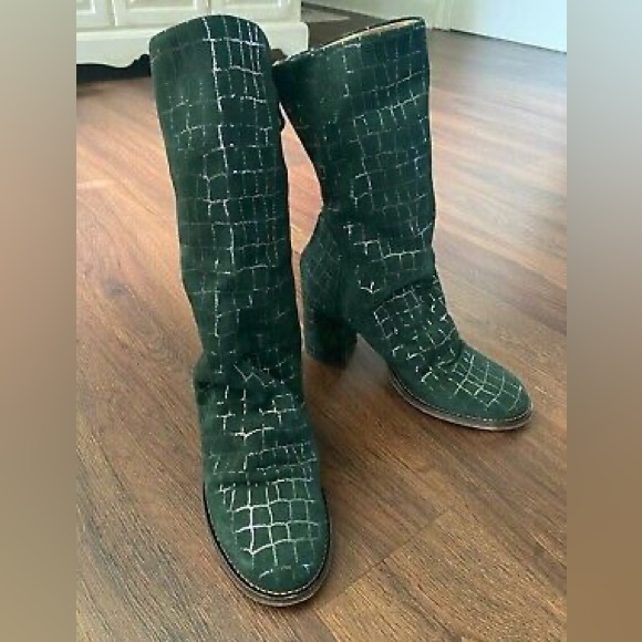 Free People Date Night Elle Block Heel Slouchy Boots Pine Diamonds - Picture 2 of 7